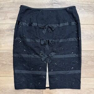 Vintage Lord & Taylor Black Eyelet Pencil Skirt Bows Dark Coquette Romantic Sz 4